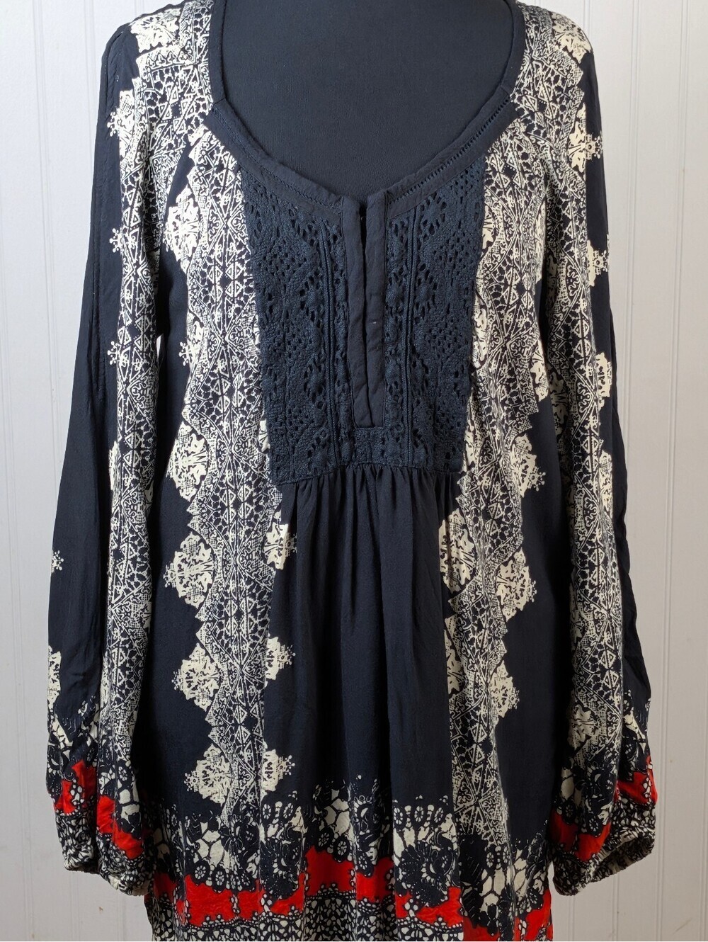 Vintage America Blues XL Black and Cream Printed Long Sleeve Boho Tunic Top